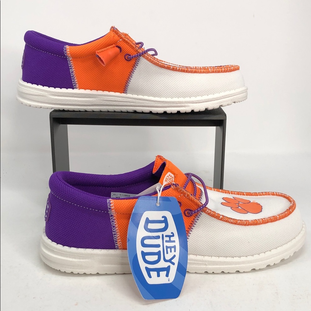 Hey Dude Mens Wally Clemson University Purple White Orange Casual Slip On-Size 8